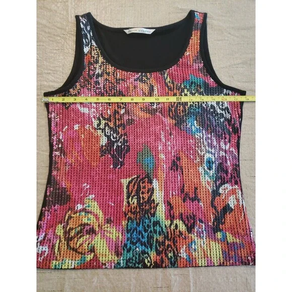 Peter Nygard Women's Sz Small Tank Top Floral Sequin Bold Neon Pink Stretch - Picture 8 of 9